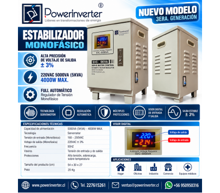 ESTABILIZADOR MONOFÁSICO 220VAC 5000VA SERVO- MOTOR-CONTROL - T
